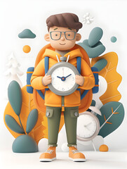 Canvas Print - 3D Flat Icon of Student with Backpack and Clock Concept for Time Management in Education on Whimsical Background   Isolated White Background for Graphics