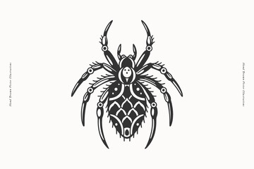 A detailed black and white illustration of a spider with intricate patterns on its body. Perfect for use in tattoos, logos, or graphic art.