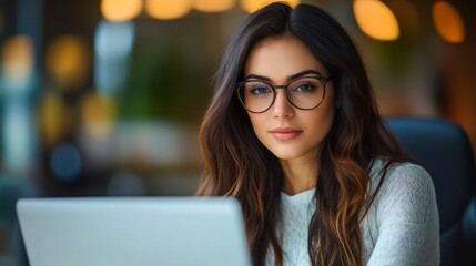 Close-up portrait of a woman wearing glasses and working on a laptop conveys focus, professionalism, and modern work culture.