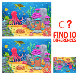 Wall Mural - Find ten differences in underwater landscape with sea animals and ocean fishes, vector puzzle worksheet. Cartoon ocean characters of coral reef, octopus and turtle for kid game to find ten differences