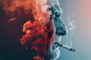 Poster - Surreal portrayal of a persons profile with colorful smoke highlighting the deceptive allure of smoking