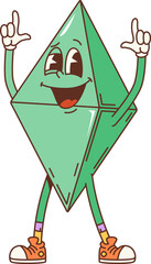 Poster - Groovy math geometric rhombus figure. Isolated cartoon vector playful triangular dipyramid character with a green color, joyful face expression and raised arms. Educational personage for children book