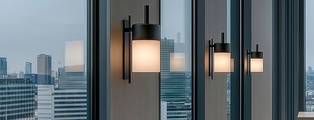 Wall Mural - Elegant wall sconces illuminate an urban home’s decor with glass shades, creating a cozy evening ambiance