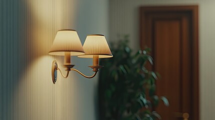 Wall Mural - A cozy apartment interior featuring sleek wall lights casting a warm glow against a beautifully designed backdrop with greenery