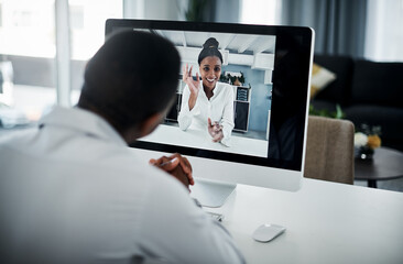 Canvas Print - Businessman, computer screen and virtual meeting with employee in home for video call, remote work or online job interview. HR, businesswoman and wave for webinar, digital training and communication