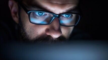 a person wearing glasses concentrates on a computer screen, illuminated by its glow, showcasing dete