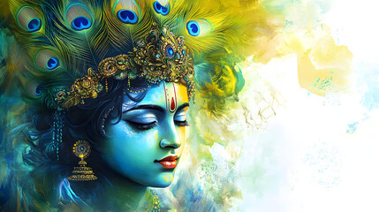 Wall Mural - Beautiful digital painting of lord Krishna with peacock feather crown, symbolizing divine grace perfect for your home decor