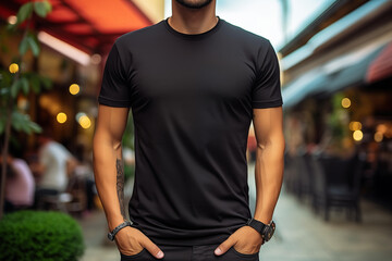 Wall Mural - Model T-Shirt Mockup, man wearing black t-shirt on street blurred background, Shirt Mockup Template design print, Male guy wearing t-shirt mockup placement