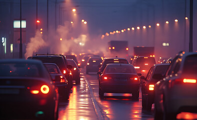 Wall Mural - Traffic jam at night with car lights and smog in an urban setting.