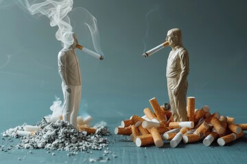 dramatic interaction between two figures amidst a field of cigarettes symbolizing the battle against