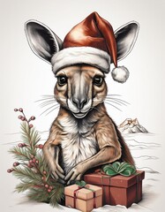 Poster - Christmas kangaroo with gifts and decoration 