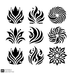 Wall Mural - set of flower tribal flame tattoo vector illustration black and white silhouette graphic design template