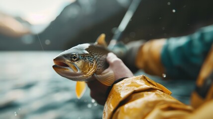 A solitary angler is shown proudly holding a colorful fish by the shore of a lake, capturing the joy and serenity of fishing against a scenic, mountainous backdrop.