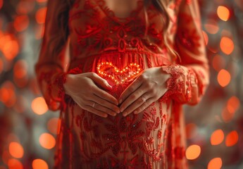 A woman is holding her stomach and wearing a white dress