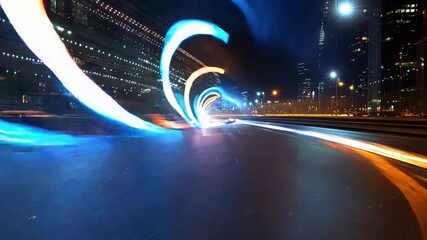 Wall Mural - A blurry image of a city street at night with bright lights and a blue streak. Scene is energetic and dynamic, with the bright lights and the blue streak creating a sense of movement and excitement