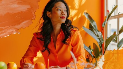 Tangerine orange banner with a citrus peel texture, featuring a businesswoman in a vibrant orange blouse, engaging in a creative workshop. 