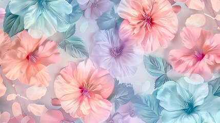 Delicate floral pattern, pastel hues of pink, lavender, mint, and peach, intricate flowers and leaves, high-definition quality, seamless and elegant. --ar 16:9 --v 6.0 --s 250 --style raw