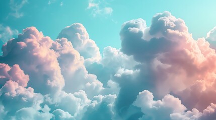 Fluffy clouds in pastel colors, soft lavender, mint, and peach, floating against a light blue sky, dreamy and ethereal, hd quality, delicate and serene atmosphere. --ar 16:9 --v 6.