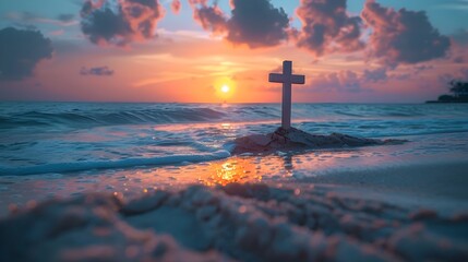 Poster - Peaceful Cross on Sandy Beach at Vibrant Sunset with Serene Atmosphere