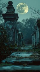 A full moon shines brightly over a stone path leading to an old cemetery