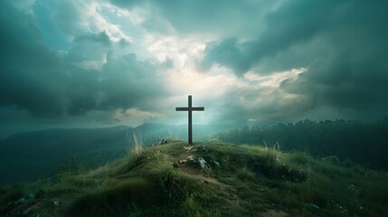 Canvas Print - Dramatic Cross on a Hilltop with an Inspiring Powerful Sky Landscape Concept