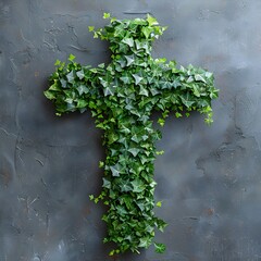 Poster - Vibrant Cross Made of Lush Ivy and Leaves Detailed Natural Concept with Copy Space