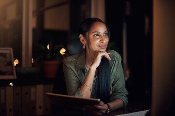 Poster - Smile, woman and reading at night with computer, tablet and review in workplace. Overtime, email and technology or pride for report, feedback and news in office with blog for website or media at desk