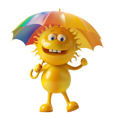 Canvas Print - 3D Smiling Sun Character Holding a Rainbow Umbrella, on a isolated transparent background