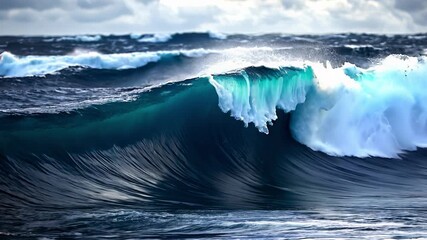 Canvas Print - The ocean is rough and the waves are crashing. The water is blue and the sky is cloudy