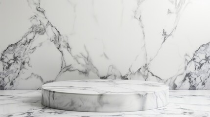 Wall Mural - Empty marble podium for product display on marble background. Realistic empty pedestal mockup for cosmetics advertising. Minimal beauty scene.