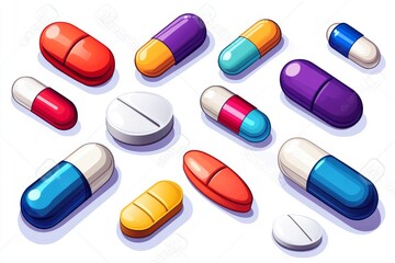 Poster - Array of colorful pills and capsules isolated on a white background emphasizing pharmaceutical variety