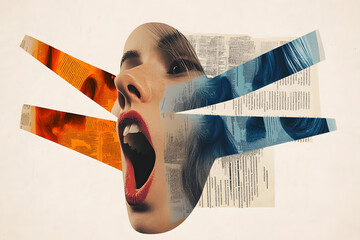 Wall Mural - Creative trend collage of female head talking mouth speech news announce communication weird freak bizarre unusual fantasy