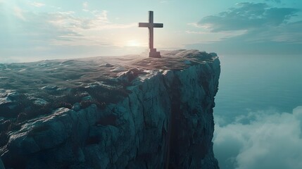 Poster - Dramatic Cross Silhouette on Cliff Edge at Dusk with Inspiring Natural Scenery