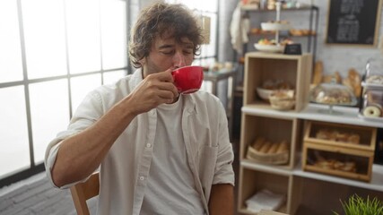 Poster - Young man drinking coffee at a table smiling and gesturing with an ok sign, symbolizing excellent confidence in a friendly coffee shop setting