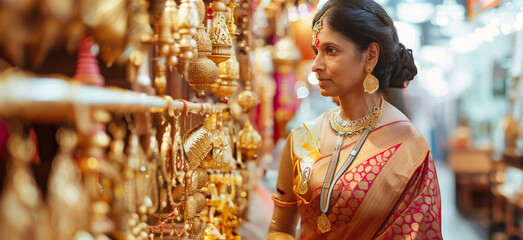 Wall Mural - Indian mother and daughter in traditional sarees, shopping for wedding accessories at a boutique