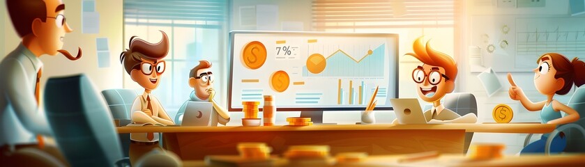 Wall Mural - business team meeting with growth chart and coins.