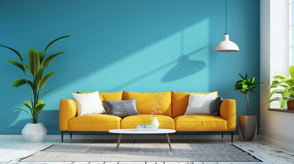 Canvas Print - Modern Living Room Interior Design with Yellow Sofa and Blue Wall