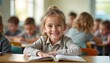 © abu - In a bright classroom, an elementary student smiles warmly at their desk, surrounded by engaged classmates in a cozy setting.