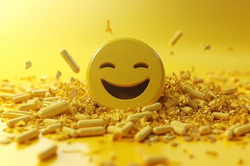 Canvas Print - Winking Pill Character on a Warm Yellow Background Offering a Friendly Vibe