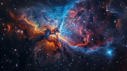 Wall Mural - A close-up view of a colorful nebula with glowing gas clouds and twinkling stars, set against the deep black backdrop of space. High contrast, intricate details, hd quality, cosmic beauty.