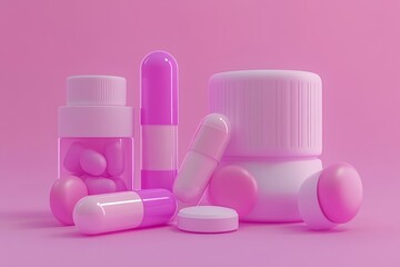 Wall Mural - Multicolored Pills and Capsules Organized Neatly on a Pink Background