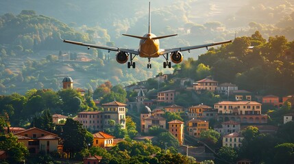 Poster - Aerial View of Picturesque Village with Airplane Flying Over Serene Landscape