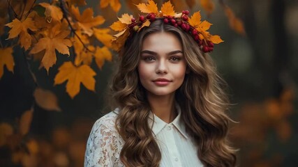 Canvas Print - Beautiful young woman, autumn leaves in her hair