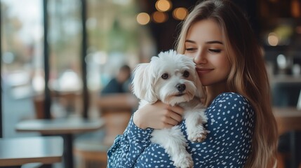 Young Woman Holding a White Dog in a Cafe