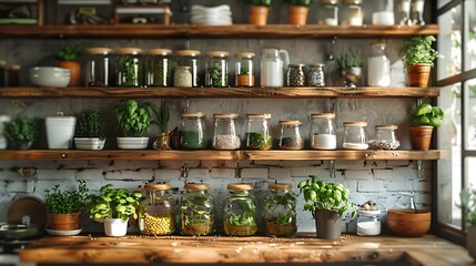 Canvas Print - A rustic kitchen setting with wooden shelves filled with mason jars, fresh herbs, and vintage kitchenware, bathed in warm natural light. Earthy tones, detailed textures, hd quality, cozy and charming.