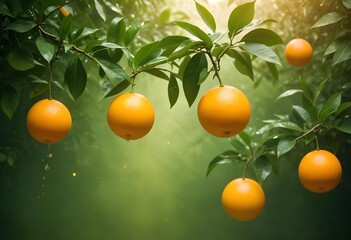 Oranges hanging on a tree in splashes of water. Oranges background. Fruit background