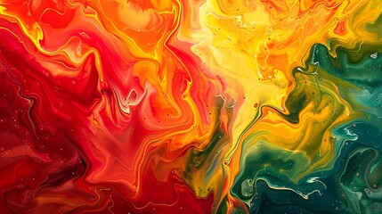 Wall Mural - A vibrant abstract painting with fluid movements of red, yellow, and green, creating an energetic and colorful design. High contrast, rich colors, hd quality, expressive and modern. --ar 16:9 --v 6.