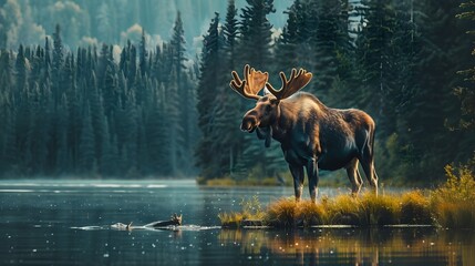 Sticker - Majestic Moose Stands Tall in a Vibrant Forest Lake Setting with Copy Space