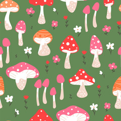 Wall Mural - Seamless background with cute mushrooms