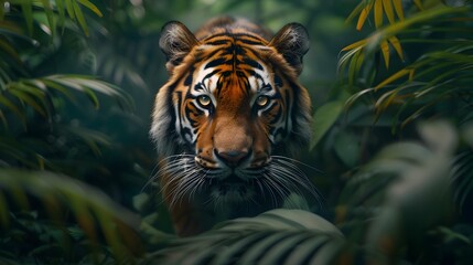 Sticker - Majestic Tiger Prowling Through Lush Jungle Vibrant Wildlife Portrait with Powerful Presence